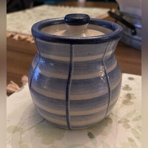 Small Handmade Dorchester Pottery Stoneware Blue Striped Jar w/ Lid Signed